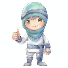 ninja with thumbs up cute watercolors illustration on white background