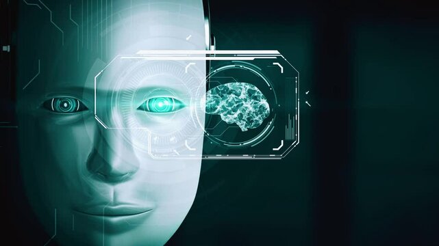 Robot hominoid face close up with graphic concept of big data analytic by AI thinking brain, artificial intelligence and machine learning process for the 4th fourth industrial revolution. 3D rendering