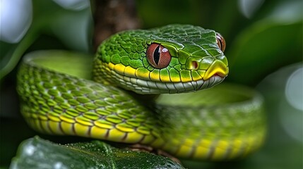 Venomous green snake in the wild