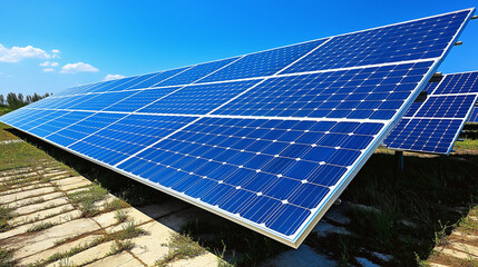 Modern Solar Panels in a Field Under Clear Blue Sky - Renewable Energy Concept