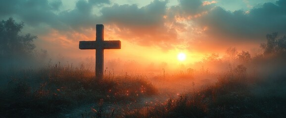 Crucifix of Jesus Christ at Sunrise in Misty Meadow with Ethereal Clouds and Glowing Sun, Religious Reflection for Good Friday and Easter Celebration