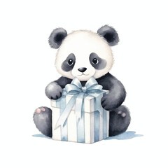 panda holding gift box  cute watercolors illustration on white background