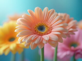 Fototapeta premium A close-up photograph of a pink flower with yellow petals, set against a blurred blue background.