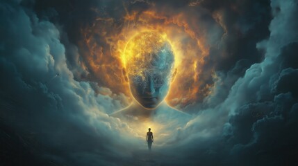 API Agents Concepts. Surreal portrayal of a figure surrounded by vibrant clouds and light.