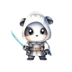 panda samurai with katana sword cute watercolors illustration on white background