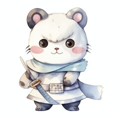 panda samurai with katana sword cute watercolors illustration on white background
