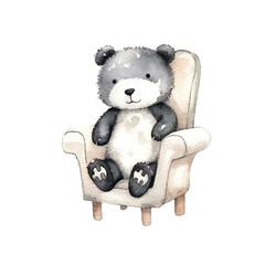 panda sitting on chair cute watercolors illustration on white background