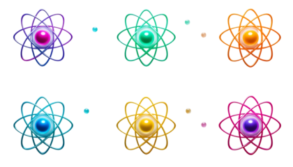 Scientific atom models with colorful electron orbits for physics and chemistry