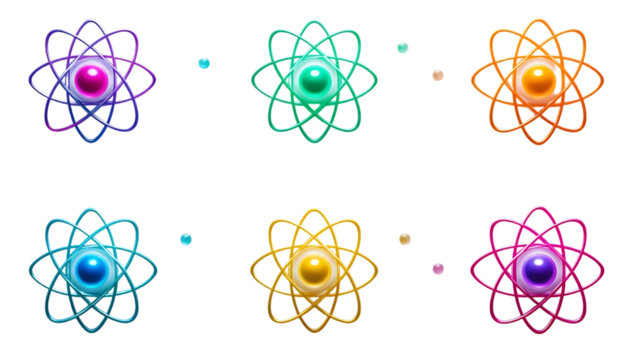 Scientific atom models with colorful electron orbits for physics and chemistry