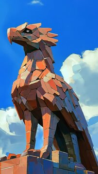 Majestic sculpture of a griffin stands tall against a blue sky in a vibrant park setting