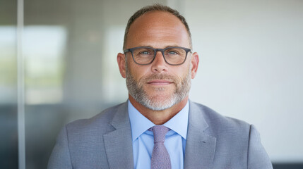 Professional man suit with glasses, exuding confidence and expertise modern office setting