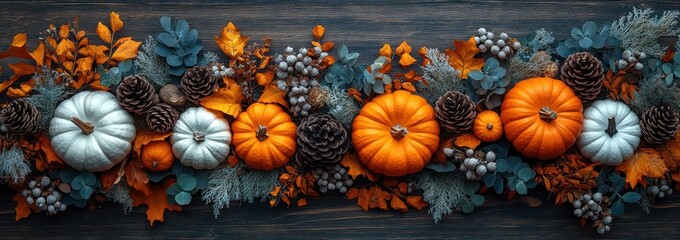 Fototapeta premium Autumn Rustic Still Life with Pumpkins Pinecones and Dried Foliage on Wooden Background