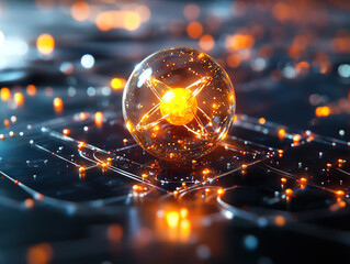 Glowing Atom Model on High-Tech Background