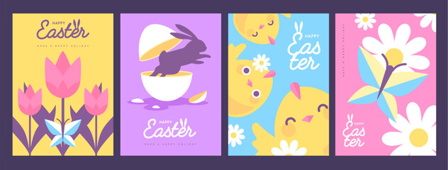 Set of holiday flat Easter posters with rabbit ears, Easter eggs, chicken, willow branch and flowers. Vector illustration