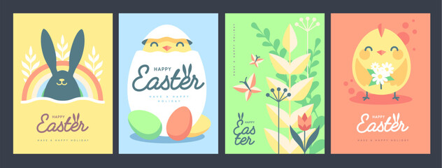 Set of holiday flat Easter posters with rabbit ears, Easter eggs, chicken, willow branch and flowers. Vector illustration