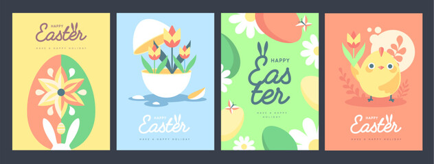 Fototapeta premium Set of holiday flat Easter posters with rabbit ears, Easter eggs, chicken, willow branch and flowers. Vector illustration