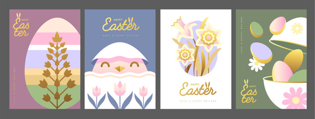 Set of holiday flat Easter posters with rabbit ears, Easter eggs, chicken and flowers. Vector illustration