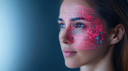 Futuristic digital face recognition technology showcasing woman profile with vibrant patterns