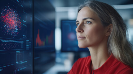 Innovative professional analyzing data on screens in modern office environment