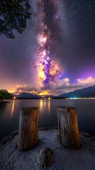 Milky Way over serene lake.
