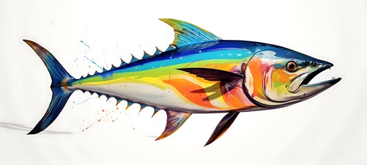 Fototapeta premium White background with drawings of colorful Tuna for children, ai generative