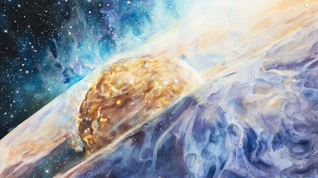 Impressive asteroid floating in the cosmic sky captured in ethereal illumination against a stunning celestial background.