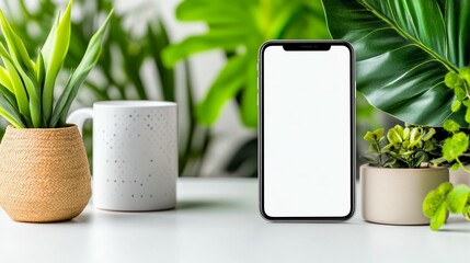 Smartphone, plants, coffee, home office