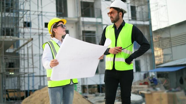 Group of diversity caucasian Architects woman talking to builder with blueprint to inspection quality control apartment at construction site meeting outdoor. discussion development industry
