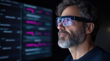 Futuristic man wearing smart glasses, engaged in virtual trading simulation, focused expression