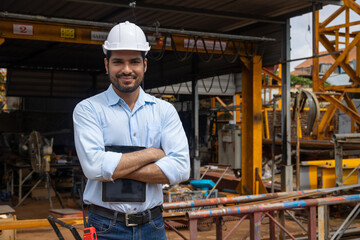 Portrait Hispanic Indian construction engineer male worker at construction site with safety hard hat