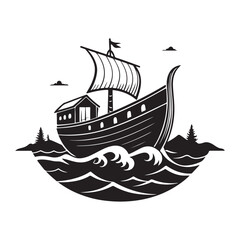 simple A logo template illustration of a silhouette of a black and white ark boat ship, Noah, at sea.The background is white.