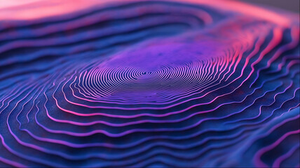 Abstract blue and purple fingerprint wave pattern with digital topographic contour visualization