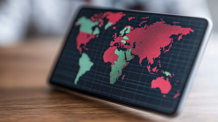 digital world map displayed tablet, showcasing countries red and green, symbolizes global data