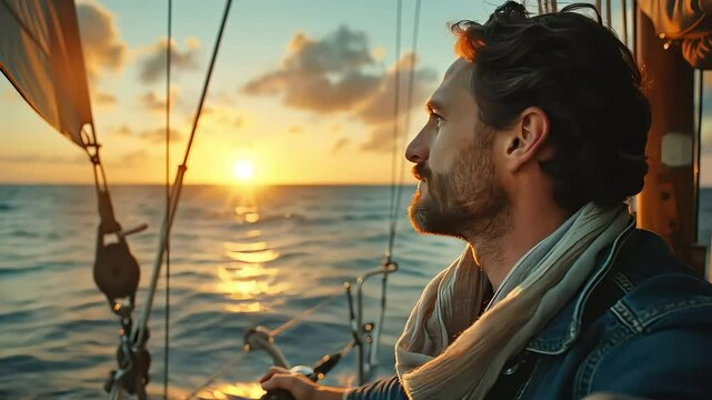 Sailor on galleon ship during sunset, navigating the vast ocean with a breathtaking view of the horizon
