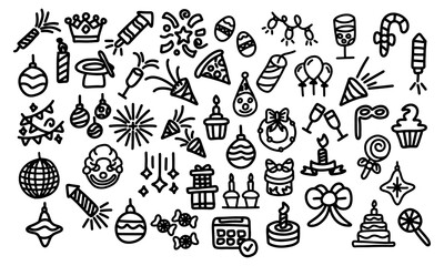 Vector set of outline party doodles. Hand drawn birthday, anniversary, carnival, festival decor. Balloons, cakes, gift boxes illustrations in hand drawn style