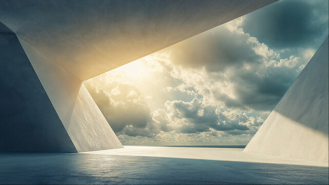 Dramatic geometric architectural opening framing cloudy sky in abstract modern structural design concept