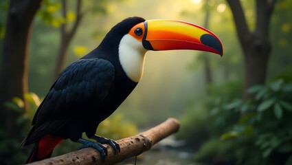 Fototapeta premium Majestic Toucan perched on a branch in the forest, displaying its vibrant colors and imposing gaze