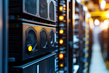 A close-up view of data center server racks featuring active status lights and ventilation panels.