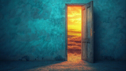Surreal open door in turquoise wall revealing vibrant orange sunset in conceptual freedom and opportunity metaphor