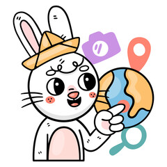 Ronnie The Bunny is depicted as an adventurous explorer studying a globe, signifying the importance of geography education. 