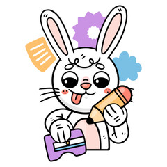 Ronnie The Bunny is ready to write and create! Holding a large pencil and a sharpener, Ronnie looks playful and focused, showing excitement for learning activities like writing and drawing. 