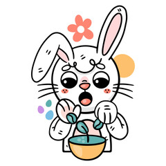 Ronnie The Bunny is exploring the wonders of nature! With a curious expression, Ronnie is carefully planting or observing sprouts in a small pot. 