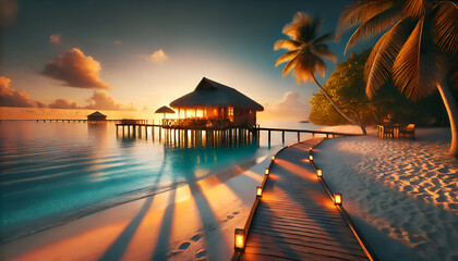 Island Sunrise Serenity
"A peaceful tropical island at dawn, with the first rays of sunlight casting a golden glow over the white sandy shores, calm turquoise waters, and a wooden deck leading