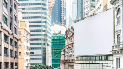 Fototapeta premium Blank White Billboard on Urban Building Side in Hong Kong, No Text or Images, Tall Buildings Backdrop, Realistic Mock-Up Effect
