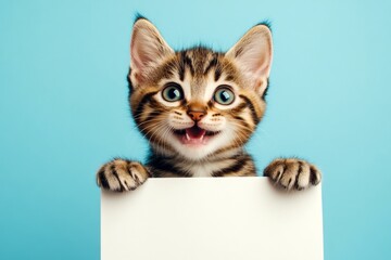 Cat promo idea. Pet billboard idea. Ð¡ute cat toyger hold in front paws a prototype - large white boulevard sign. Isolated baby feline on a solid attire rblue background. Beast holding sign.