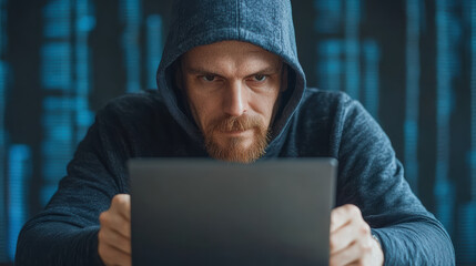 focused individual in hoodie intensely engages with laptop, surrounded by digital elements