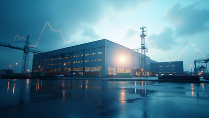 Fototapeta premium Photo realistic double exposure of a warehouse silhouette and financial statement symbolizing supply chain accounting, with ample copy space for text.