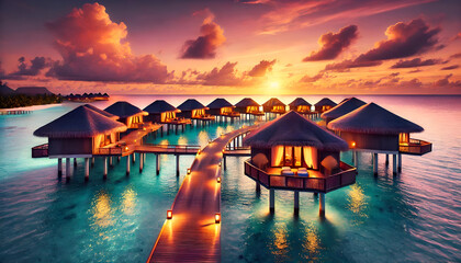A luxurious tropical island resort featuring overwater bungalows, a wooden boardwalk over the clear blue lagoon, and a stunning view of the horizon with a golden sunset in the background."