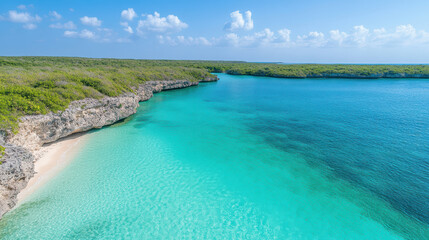 Obraz premium serene tropical lagoon with crystal clear turquoise water, surrounded by lush greenery and sandy
