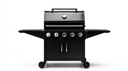 Gas grill with an open lid and multiple knobs, designed for outdoor cooking